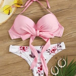 Shein pink and white push up top bikini